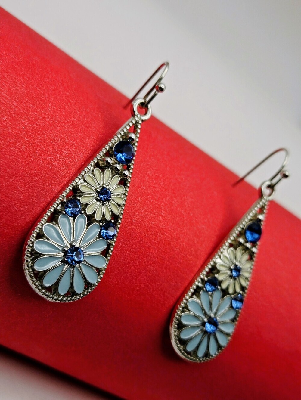 Blue and Pale Yellow Floral Teardrop Earrings - Picture 9 of 16